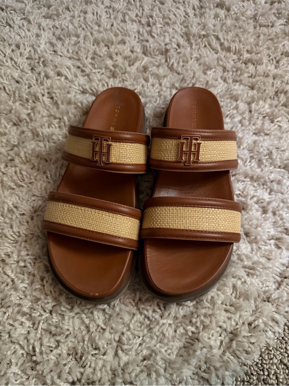 Tommy Hilfiger Brown and Natural Raffia Double-Strap Slide Sandals